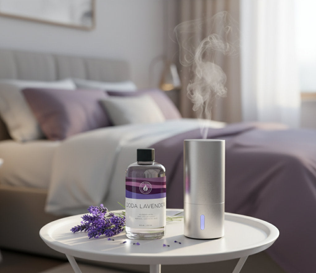 Detailed image of Doda Lavender oil and a cold air diffuser in a sunlit bedroom, showcasing the scent's pure calming properties for restful sleep.