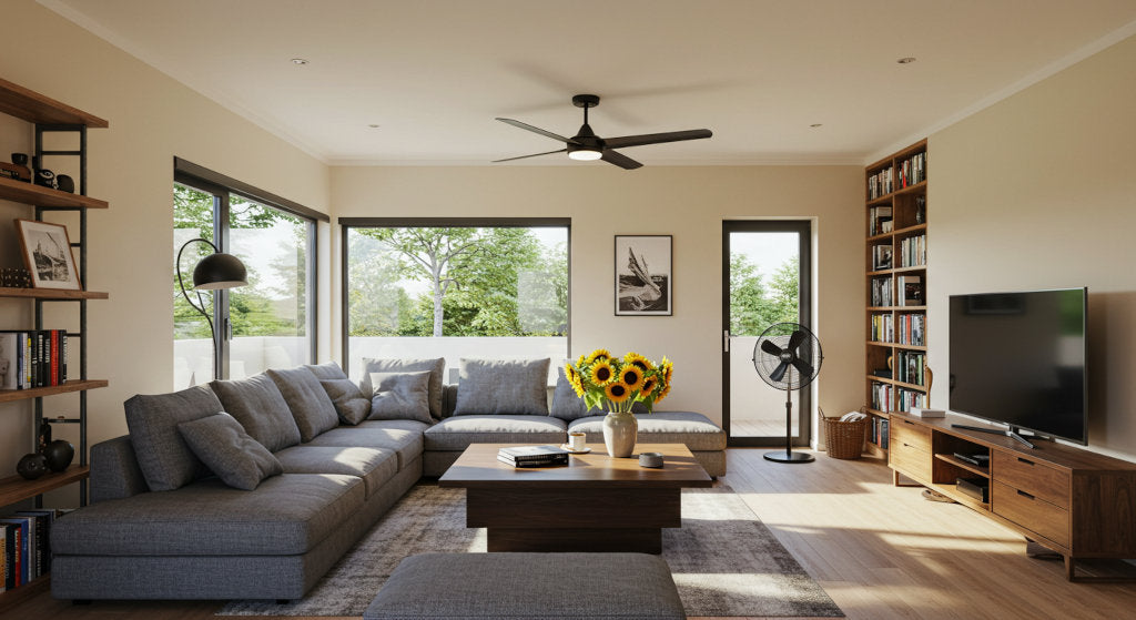 Airflow in open concept living room supporting odor removal and indoor freshness
