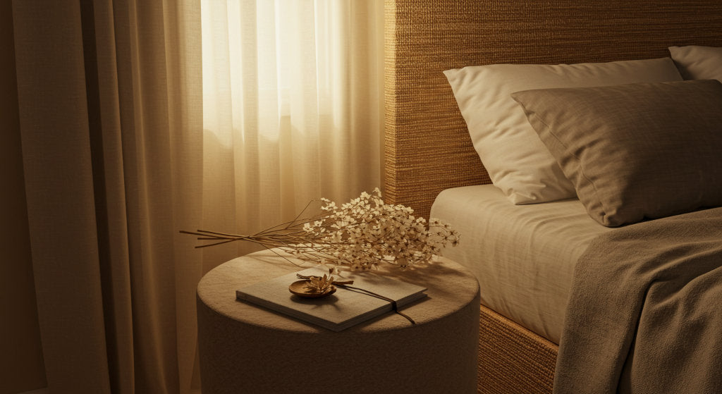 This still-life moment reflects the mood of Rajanigandha – Tuberose, using dried flowers, tactile textures, and quiet light to represent the elegance of floral diffuser oils.