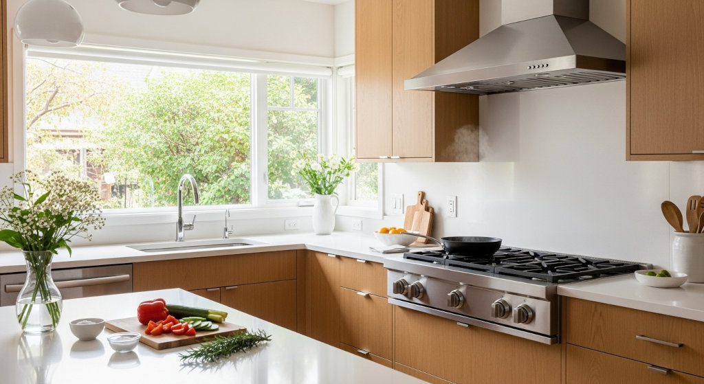A light-filled kitchen scene representing fresh, breathable air and clean surfaces after using odor-neutralizing sprays to remove curry, garlic, and fish odors.