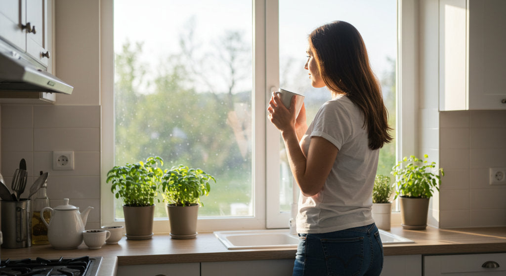 This scene reflects a peaceful morning atmosphere enhanced by gentle cold air diffusion, grounding energy, and aromatic balance using subtle diffuser oils for clarity and stillness.