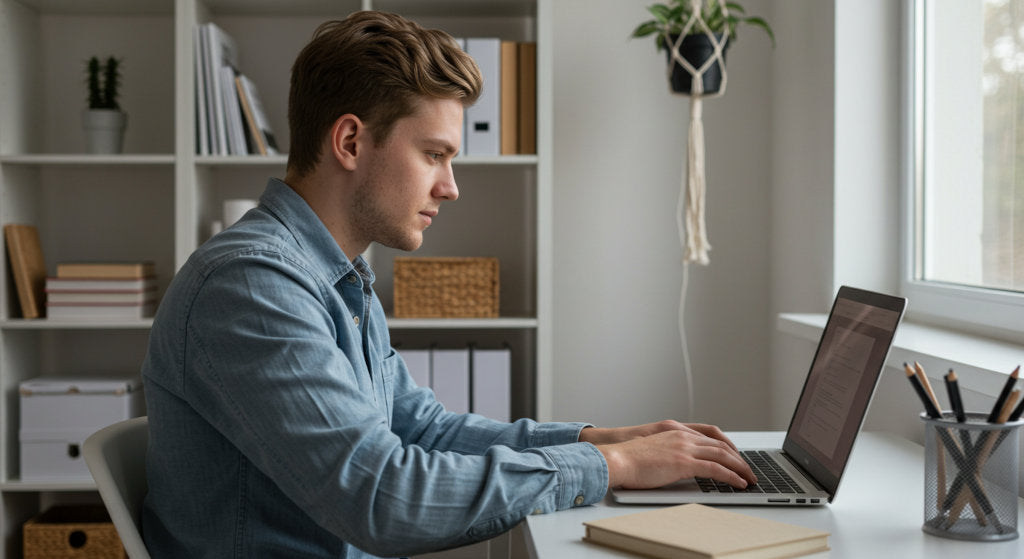 Subtle scent from a cold air diffuser supports attention, focus, and peaceful productivity in a space styled with woven textures, soft lighting, and clean, quiet design.
