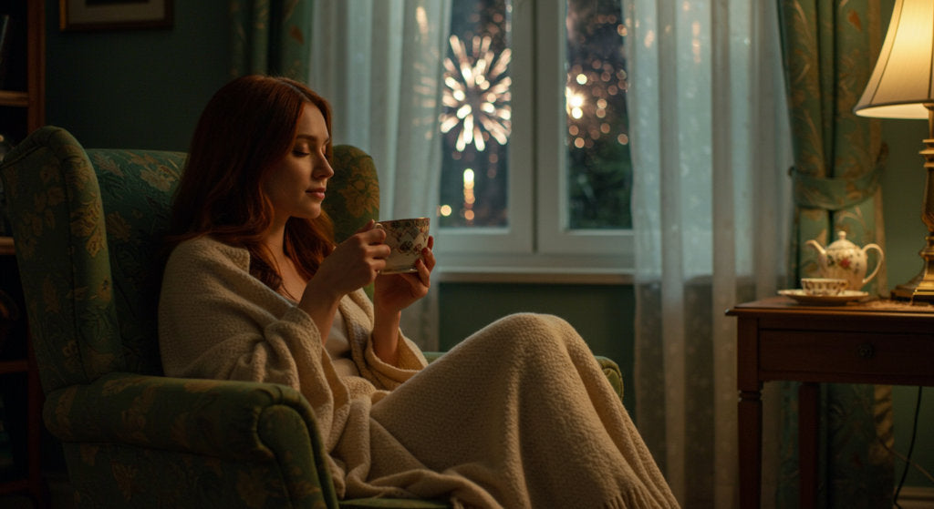 This serene moment reflects how natural home fragrance can transform overwhelming nights into peaceful ones, supporting both people and pets during summer fireworks and stress-inducing events.