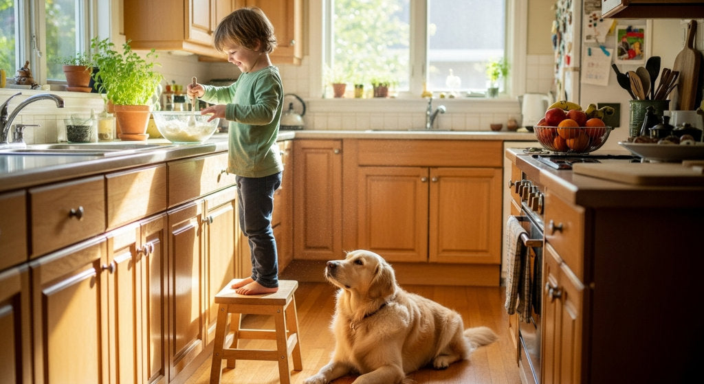 child and pet together in a clean family home with fresh air after safe odor neutralizing spray use