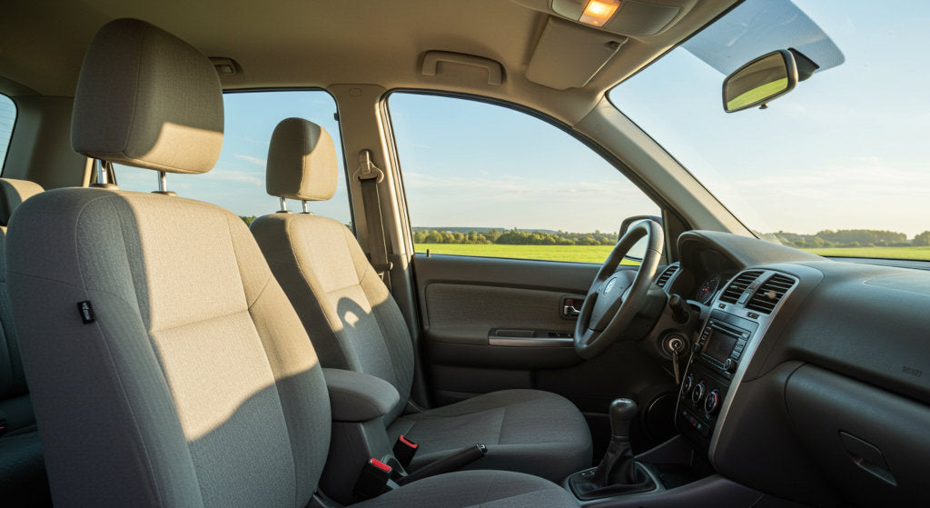 A bright car interior showing the results of odor elimination spray, with fresh air circulating and no lingering odors in seats, mats, or cargo areas.