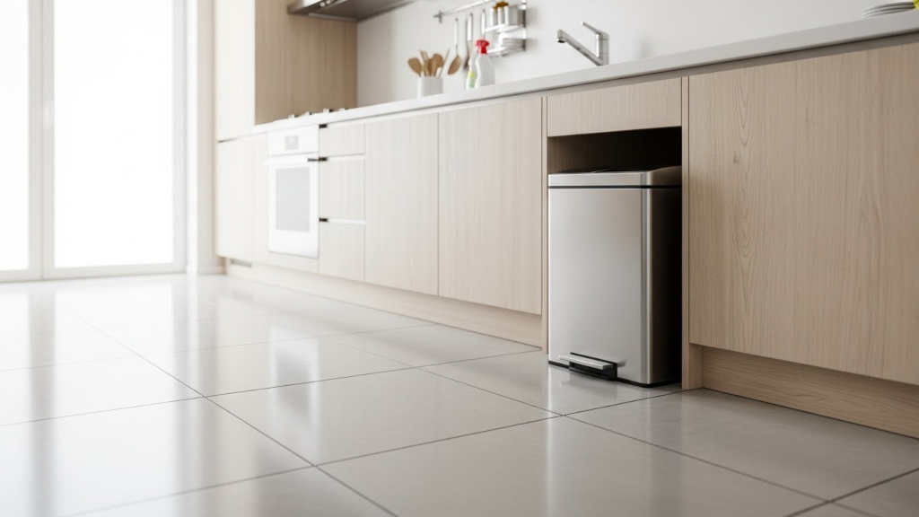 A clean kitchen trash zone representing odor neutralizing routines that stop lingering smells from clinging to nearby cabinets, floors, and soft surfaces.