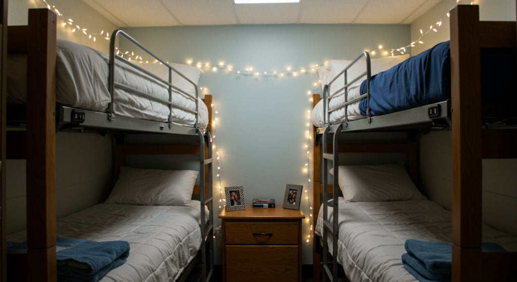 dorm bunk beds with string lights and no-flame fragrance setup for a calm evening