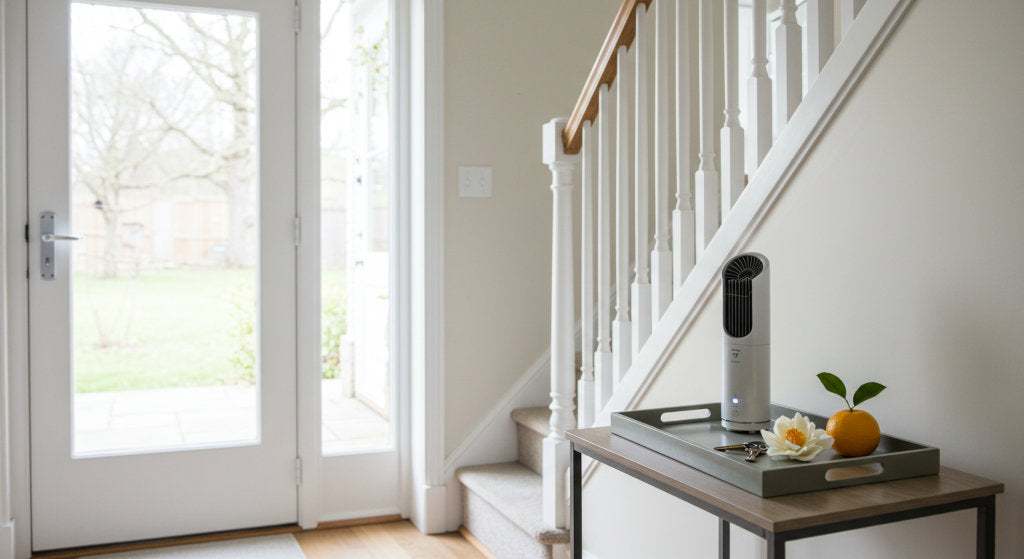 A cold air diffuser near the front door sets the tone for elegant, welcoming home fragrance with notes like citrus peel and white tea.