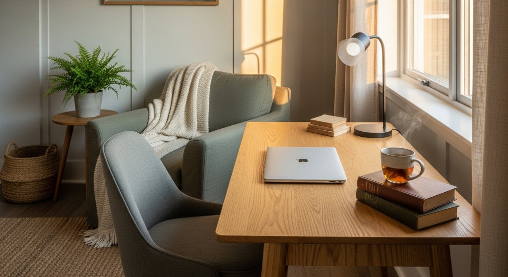 An elegant evening setting where calm lighting and subtle scent diffusion signal the close of the workday. The atmosphere represents the refined fragrance routine that encourages unwinding while sustaining motivation.