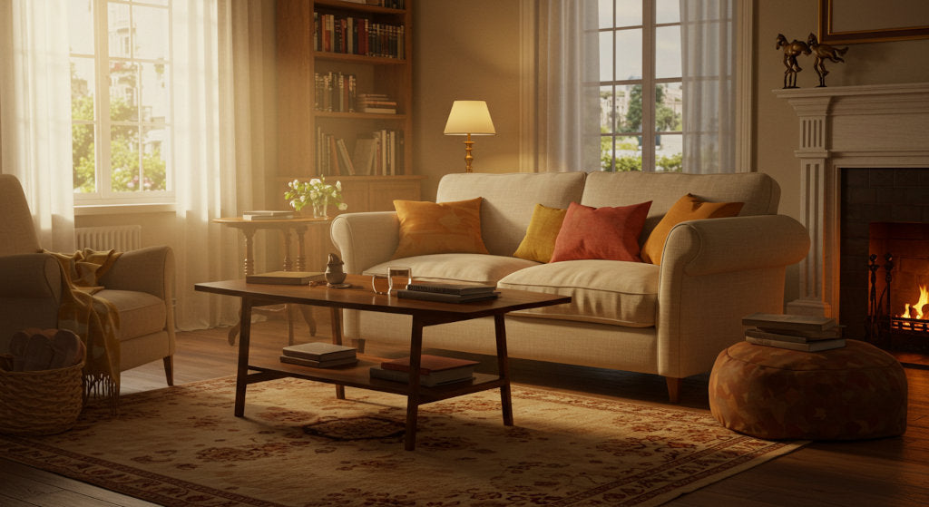 A warm and restorative living room scene with cold air diffusion. Herbal, floral, and citrus oils support relaxation, reconnection, and emotional reset at the end of the day.