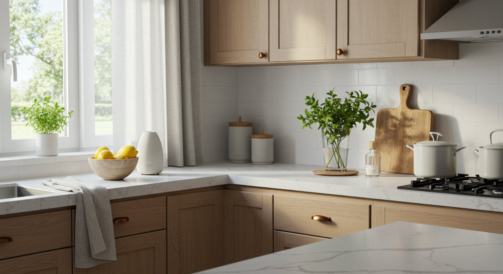 This airy kitchen scene blends natural citrus and herbal notes with diffuser placement to create a fresh-smelling home.