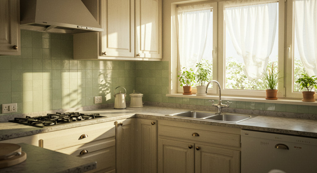A golden-lit kitchen space evoking the gentle transformation of cold air diffusion. Reflects how scent layering supports daily rhythms with natural ambiance and refined mood shifts.