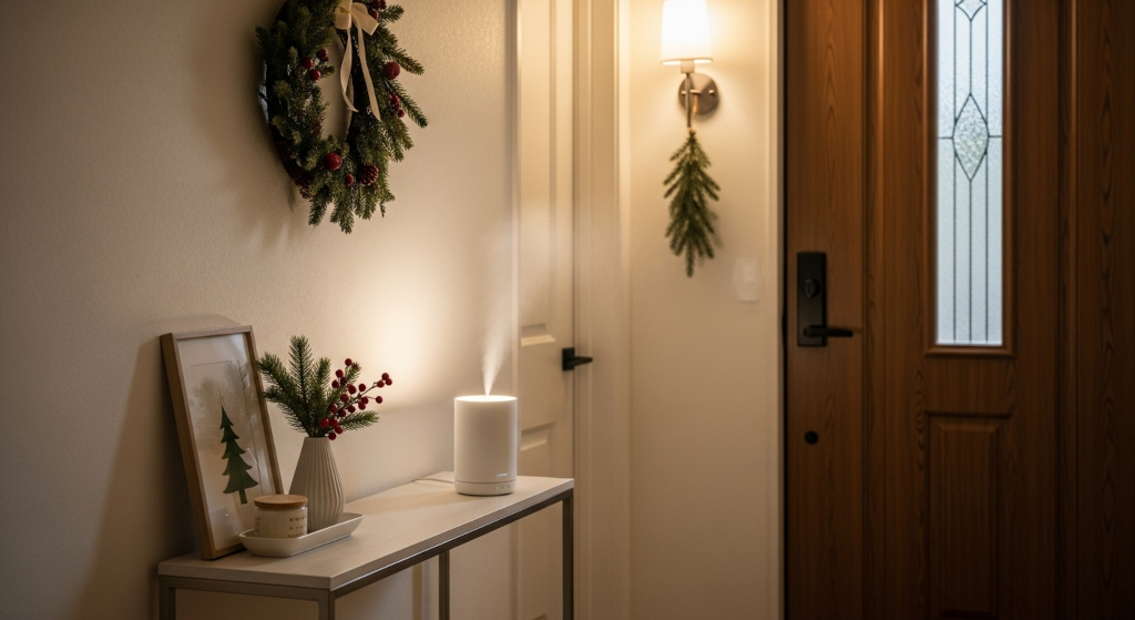 A holiday entryway concept designed to highlight how fresh citrus and white tea fragrance oils create a polished arrival moment. Cold air diffusion keeps winter air balanced and prepares the home for steady guest traffic with a clean, inviting scent.