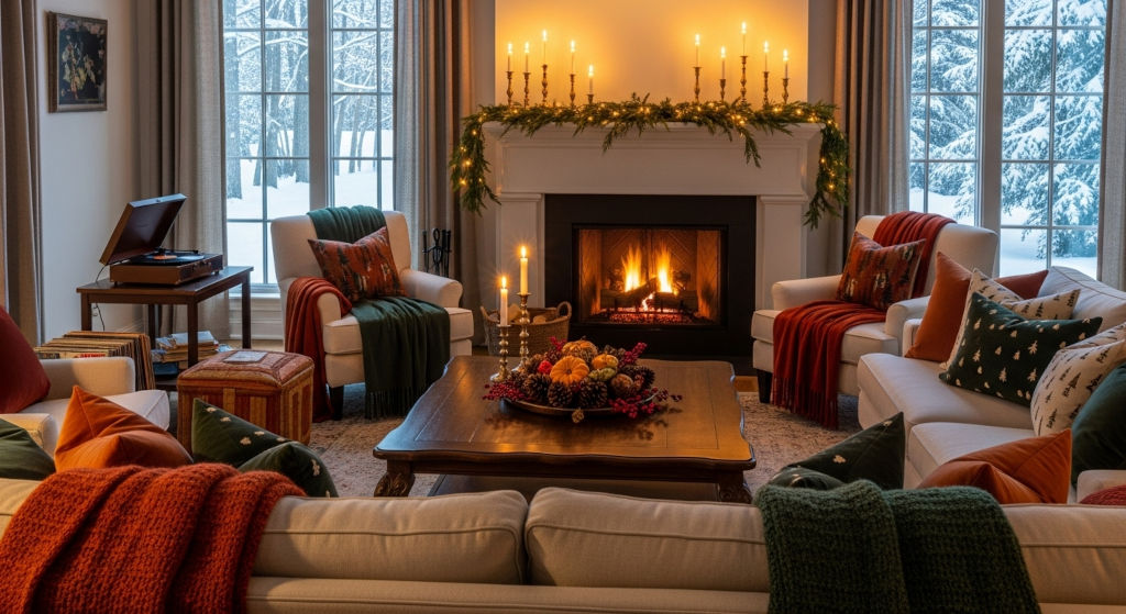 Warm holiday living room atmosphere enhanced by amber and vanilla diffuser oils that create comfort, calm, and a welcoming space for guests.