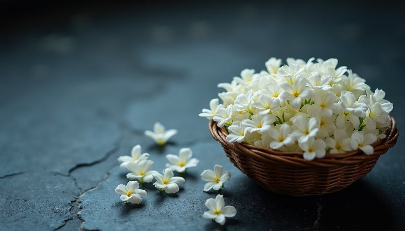 White jasmine blossoms picked before dawn, heaped in a shallow woven basket on dark slate