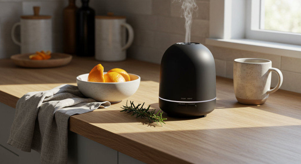 A warm kitchen moment showing a diffuser, citrus, and rosemary—capturing the beginning of a daily fragrance ritual rooted in comfort.