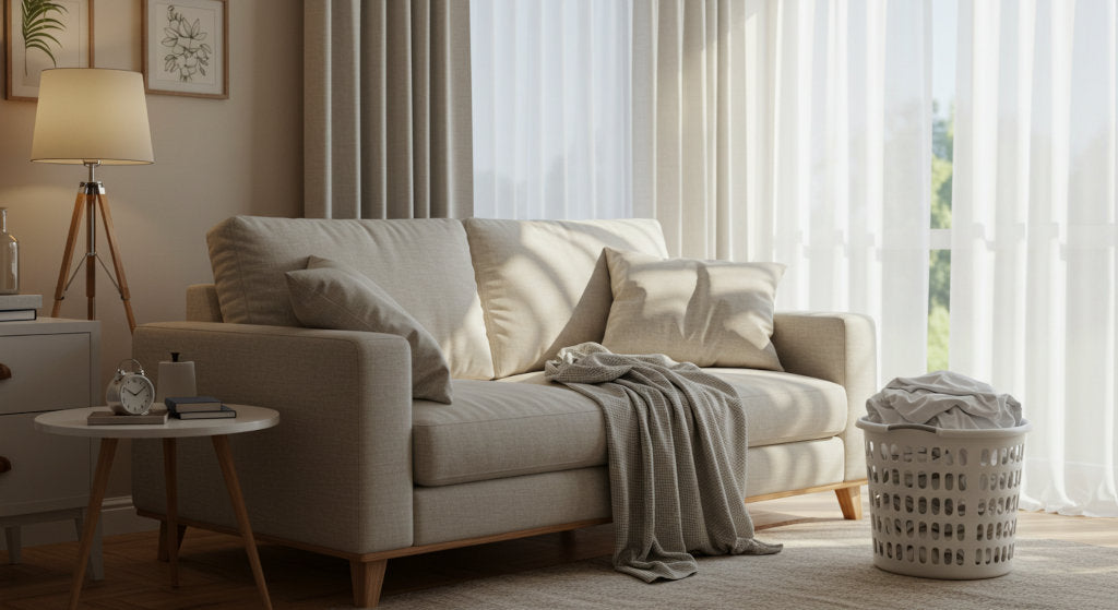 Freshly cleaned living room with sanitized couch and linens following odor neutralizing spray use