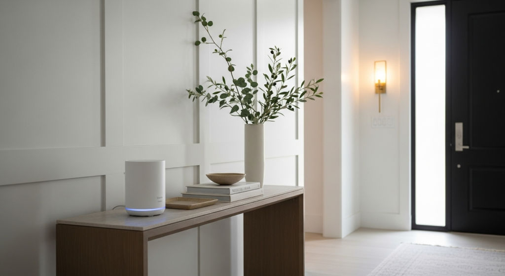 A refined entryway concept showcasing how cold air diffusion and bright citrus oils can build a luxury hotel arrival moment at home.
