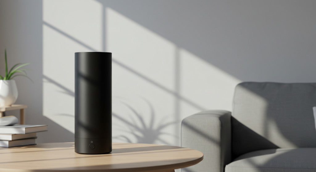 An ambient fragrance setup using cold air diffuser technology and high-quality fragrance oils to support midday clarity and energy. A modern scenting solution for home environments that demand elegance and function.