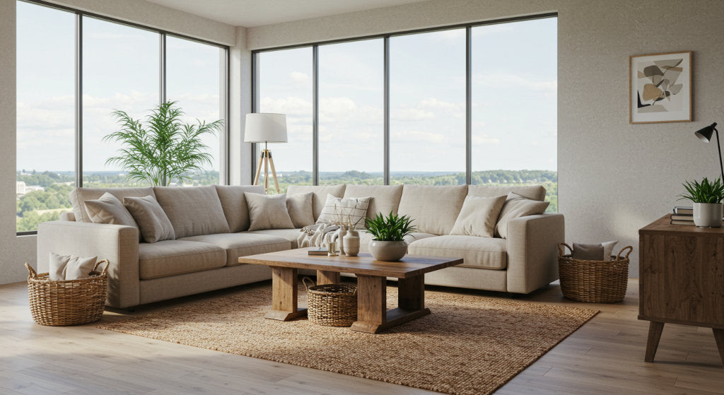A serene, light-filled living room featuring sustainable materials and breathable design. Evokes the refined impact of scenting without waste using eco-conscious methods.