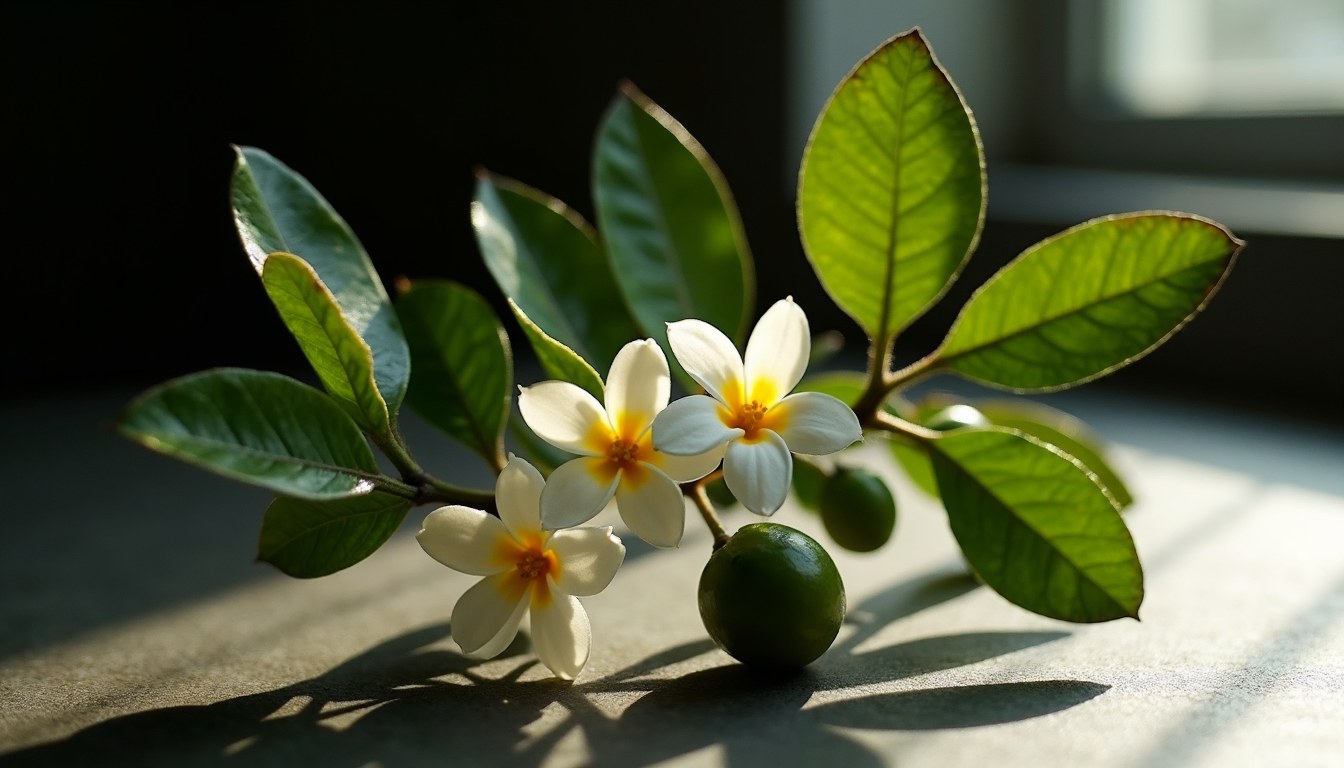 A bitter orange branch carrying waxy leaves, white neroli blossoms and one small green fruit