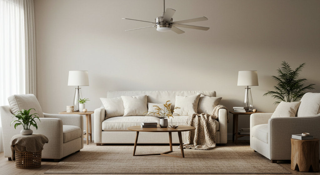 Living area with soft furnishings and fan-driven airflow, representing a space maintained with consistent odor neutralizer use to remove smells and promote indoor freshness