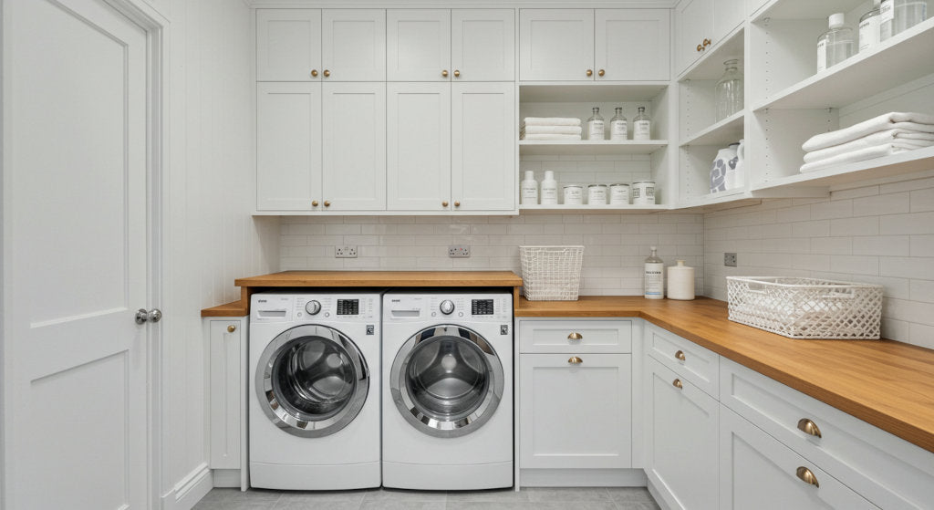 This organized laundry room features fresh, intentional styling with cold air diffuser placement, ideal for maintaining soft, clean home fragrance.