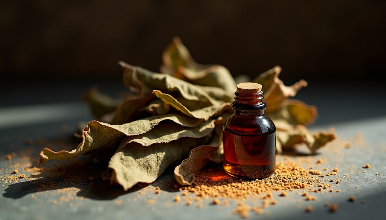 Dried and cured patchouli leaves beside a small amber glass vial of aged patchouli oil