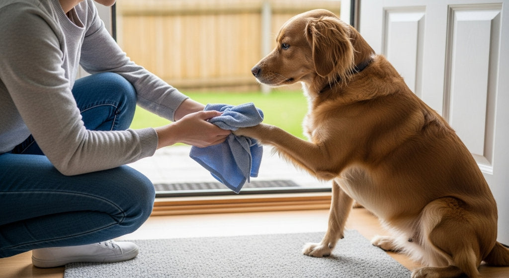 A seasonal image showing a pet owner caring for their dog near the entryway, representing winter odor prevention, daily freshness, and safe odor neutralization for family homes.