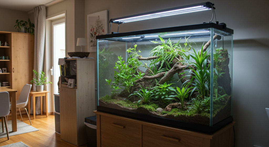 A tidy reptile tank setup with natural light and fresh air, demonstrating how odor neutralizing sprays and routines eliminate hidden tank odors.