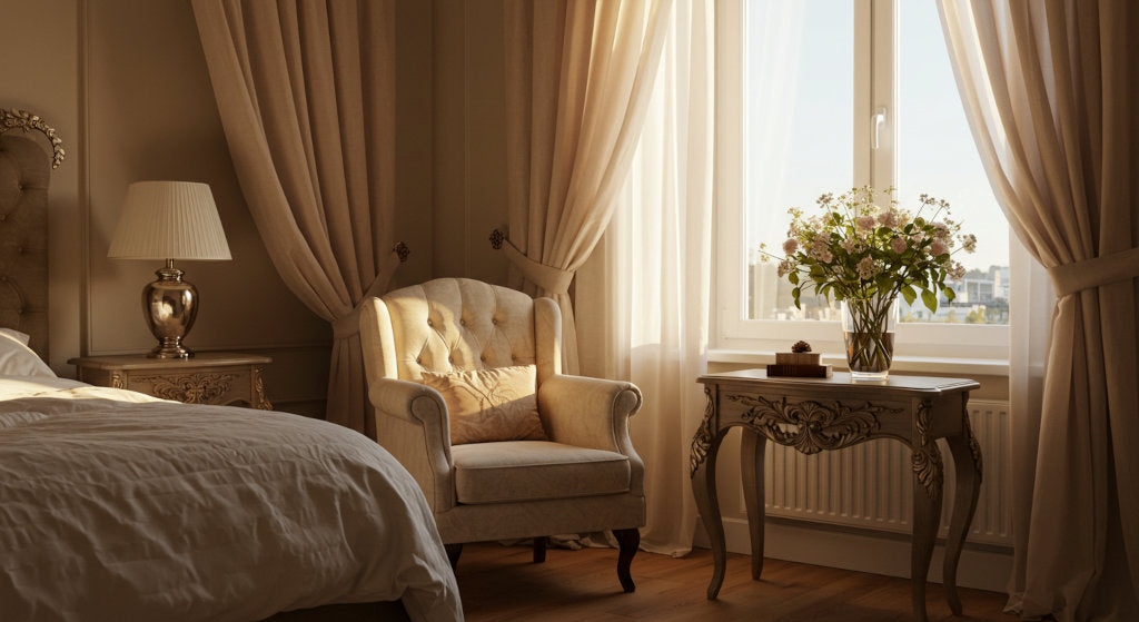 A softly illuminated bedroom showcasing plush bedding, sheer curtains, and a minimalist diffuser.