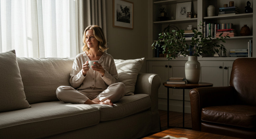 The layered textures, soft light, and peaceful setting evoke the role of fragrance in supporting cortisol balance, serotonin production, and overall emotional wellness through intentional scenting.