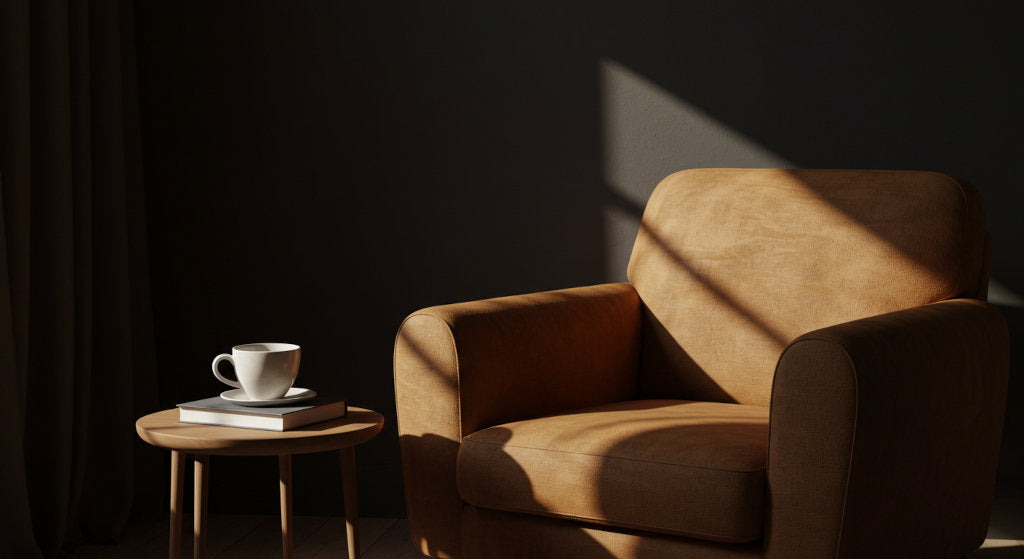 This quiet reading space reflects the tone of Black Suede, a home fragrance with suede, amberwood, and olibanum for structured warmth and elegance.