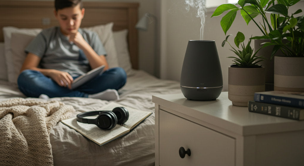 A serene bedroom with cold air diffuser, natural textures, and teen-focused elements that support emotional well-being, focus, and identity development through curated fragrance.