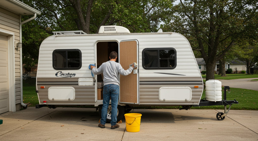 Travel camper being cleaned and deodorized after seasonal use, emphasizing odor removal from soft materials, fabric zones, and enclosed air spaces