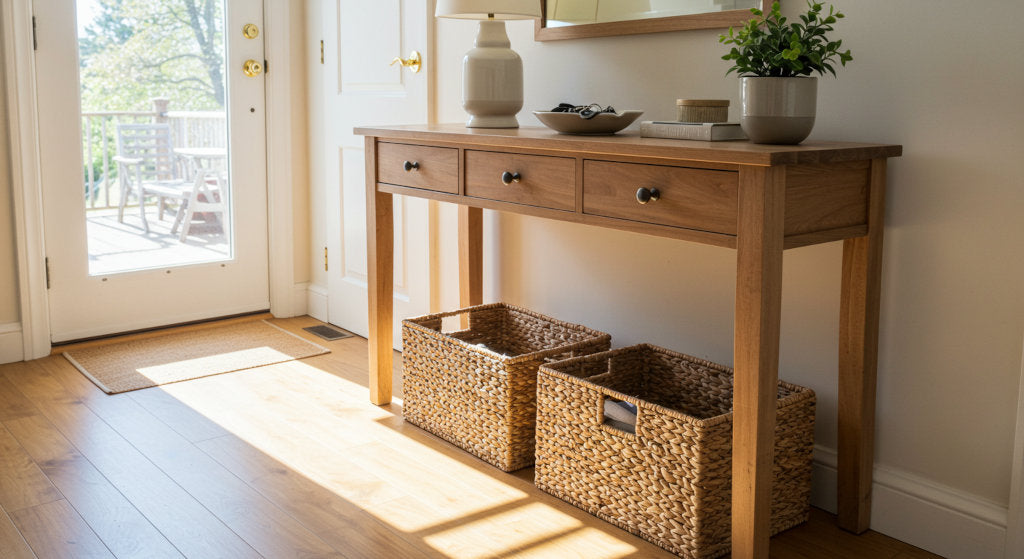 A welcoming entryway styled for guest arrivals. Cold air diffusion with citrus, floral, and woody fragrance oils balances freshness and comfort, enhancing Airbnb hosting with refined atmosphere from a modern fragrance house.