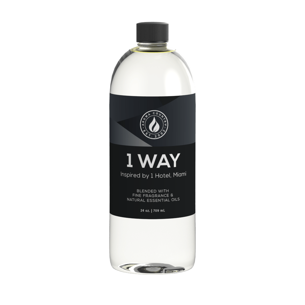 24oz bottle of 1 Way diffuser oil inspired by 1 Hotel, Miami, featuring a minimalist black label and premium essential oil blend.