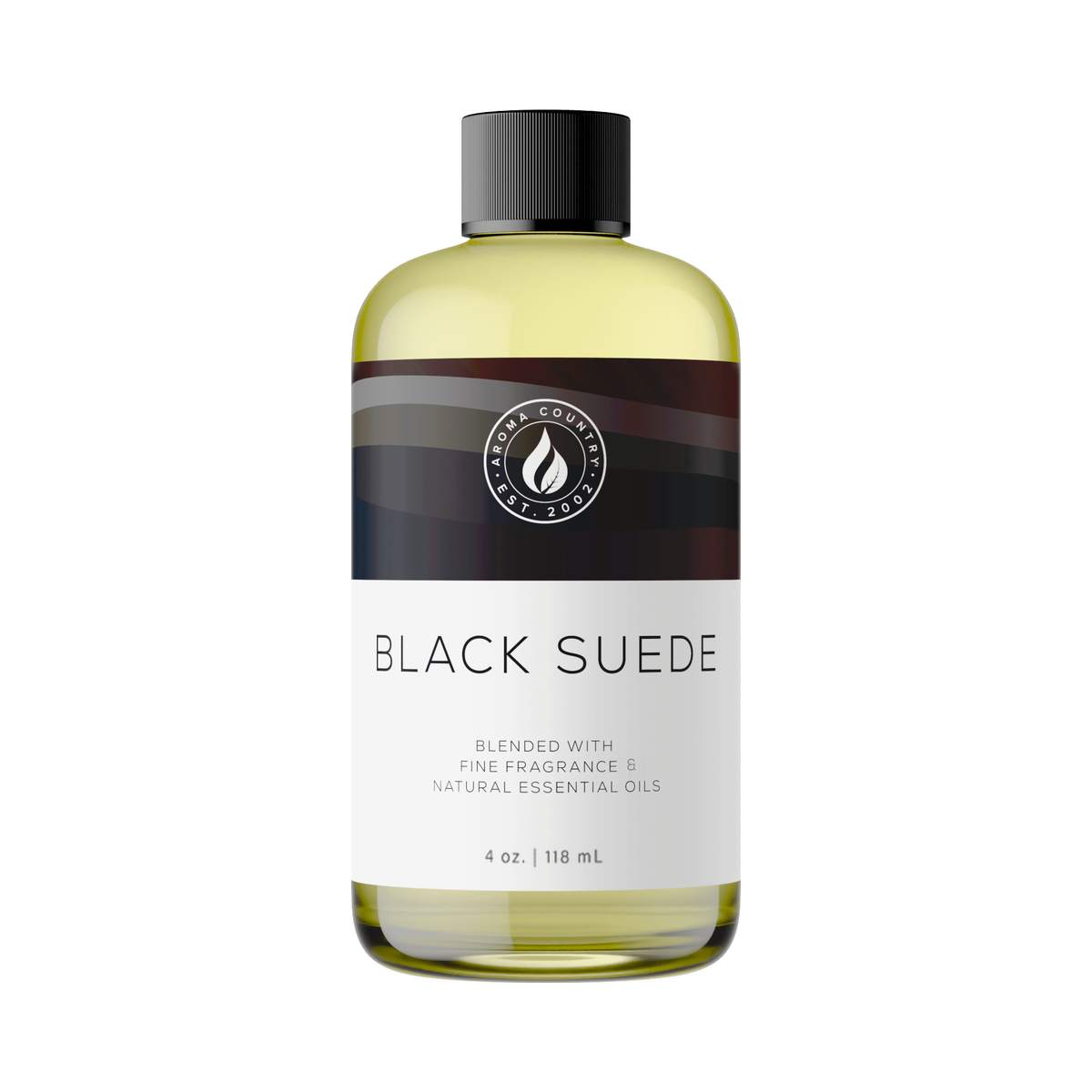 Aroma Country Black Suede diffuser oil, 4 oz bottle. Dark suede and soft smoke.
