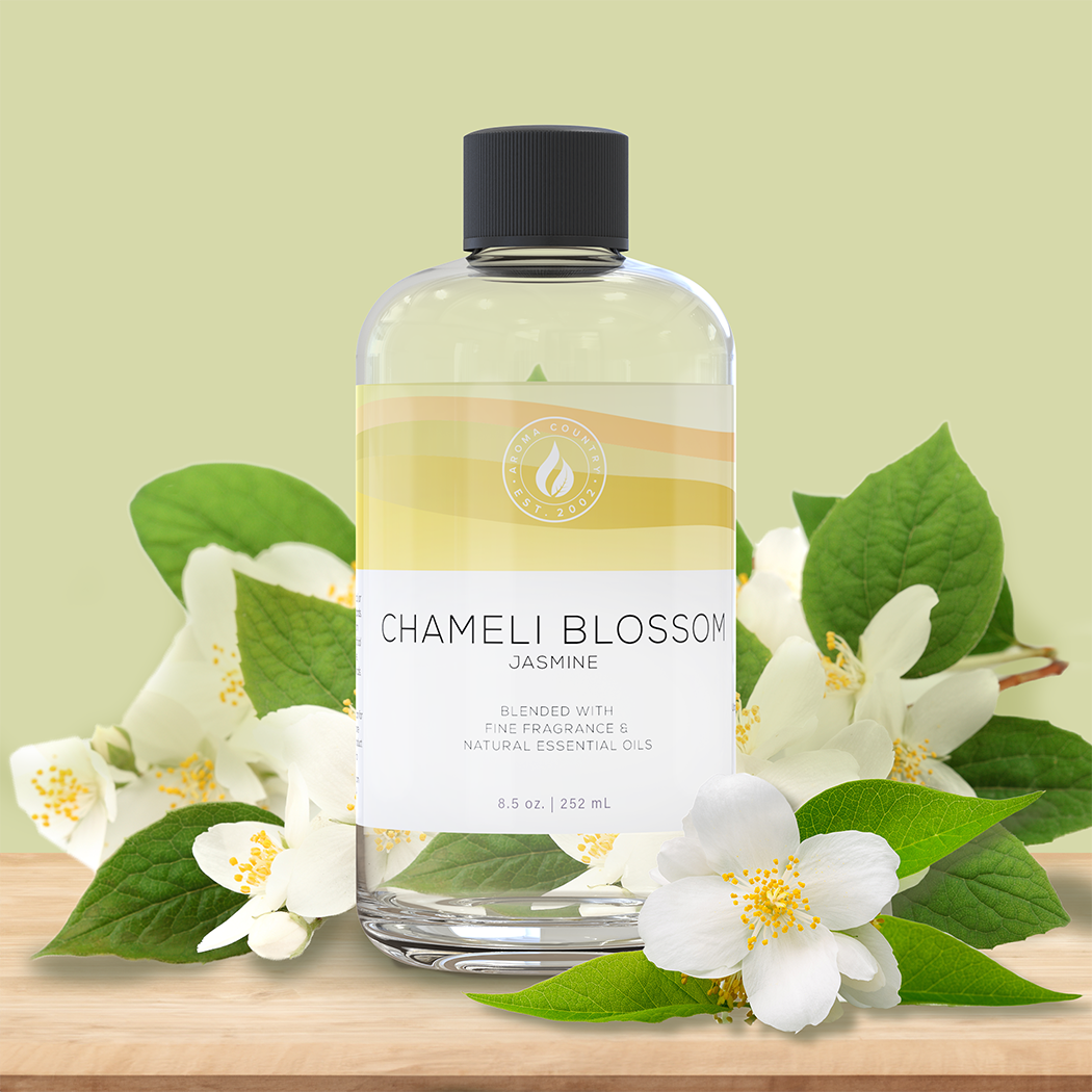 8.5 ounce bottle of Chameli Blossom diffuser oil.