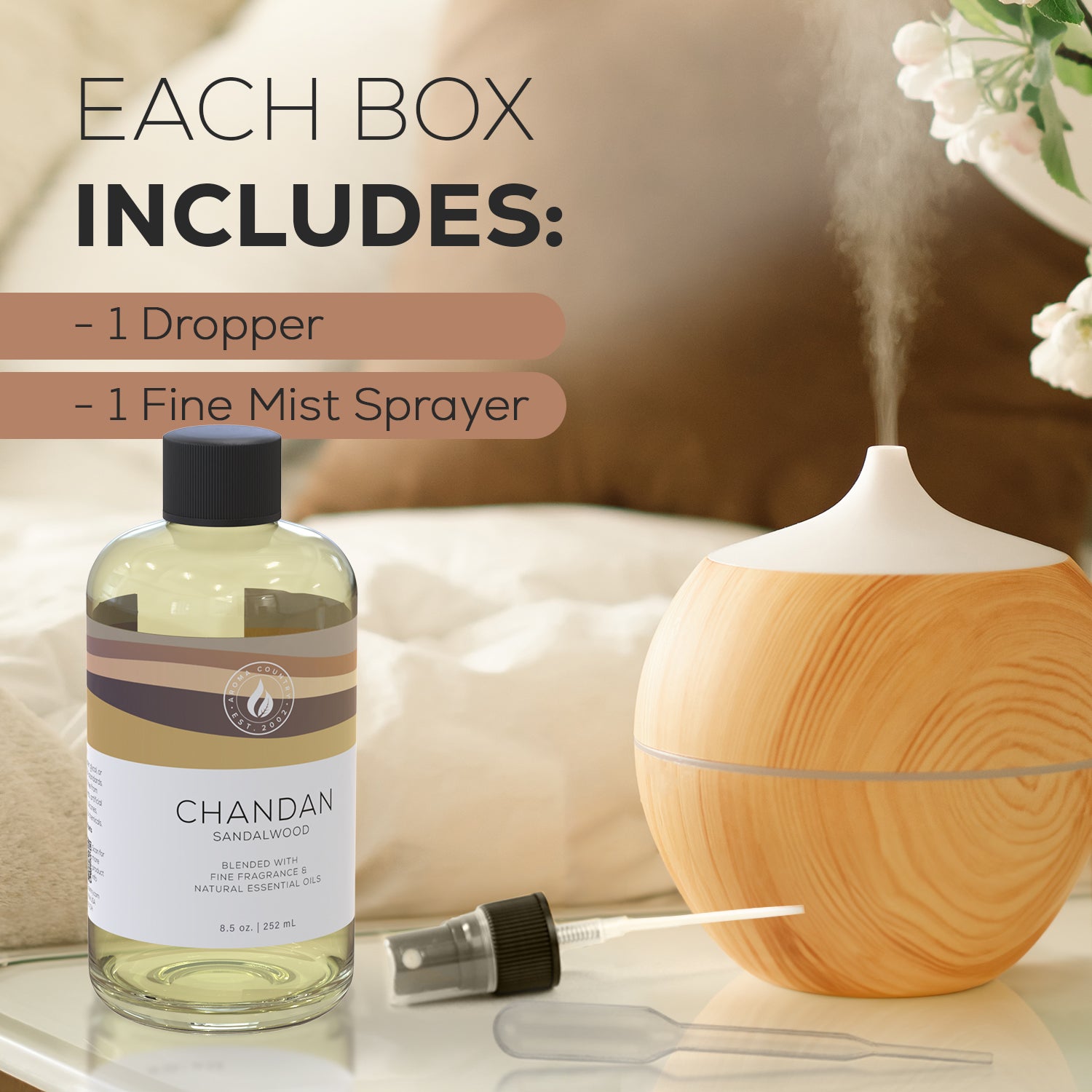 Chandan Sandalwood diffuser oil with included dropper and fine mist sprayer beside an ultrasonic diffuser, showcasing cold air scent delivery options.