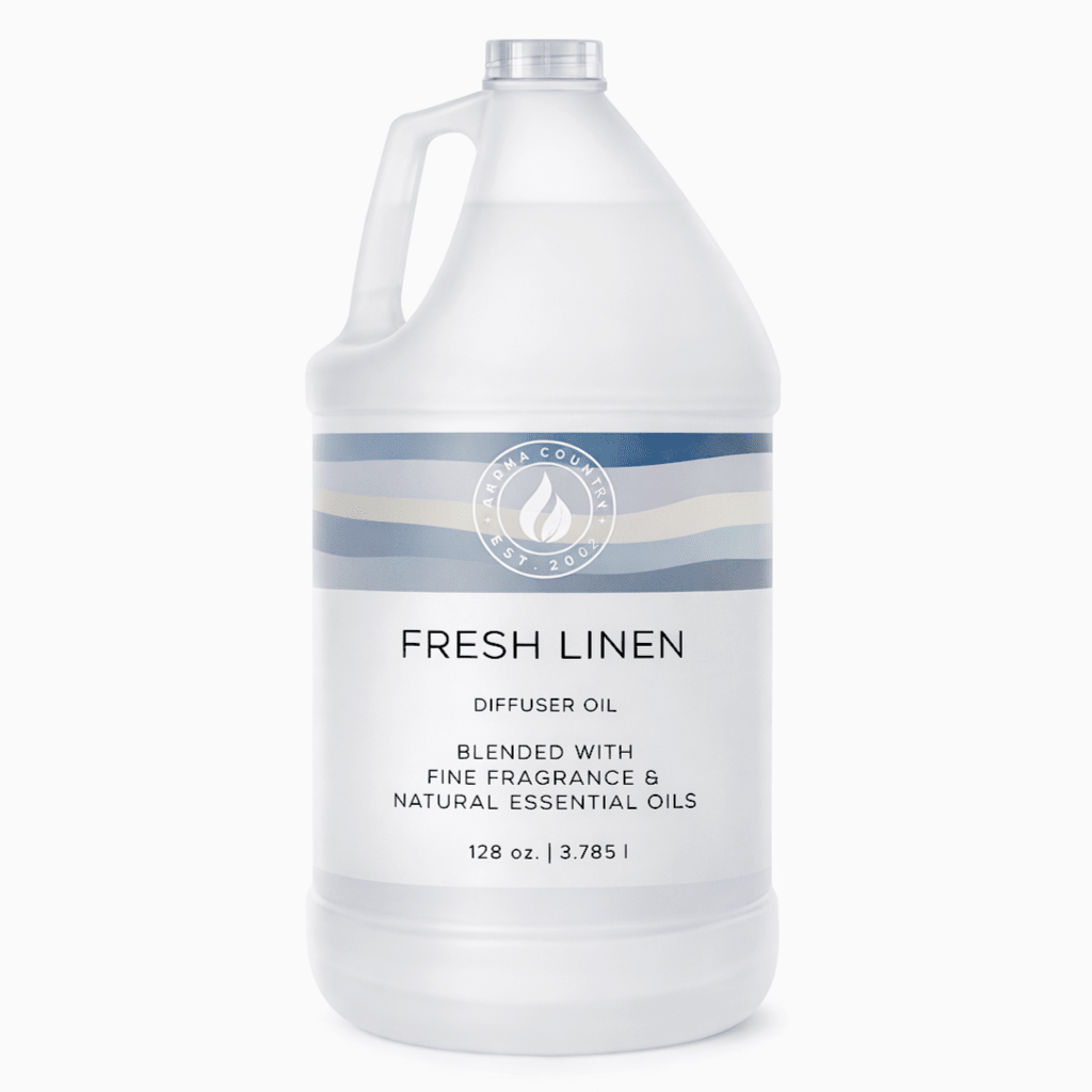 Fresh Linen diffuser oil in a 128 oz gallon jug with a clean cotton-inspired aroma and soft laundered character for cold air diffuser systems