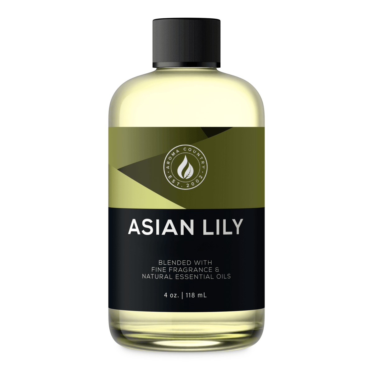 Aroma Country Asian Lily diffuser oil, 4 oz (118 mL) bottle with a black cap on a white background