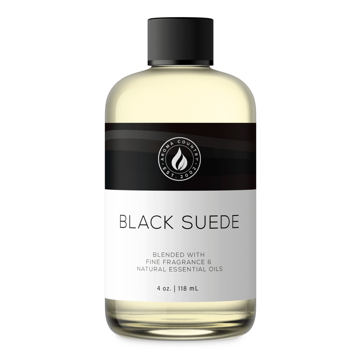 Aroma Country Black Suede diffuser oil, 4 oz (118 mL) bottle with a black cap on a white background