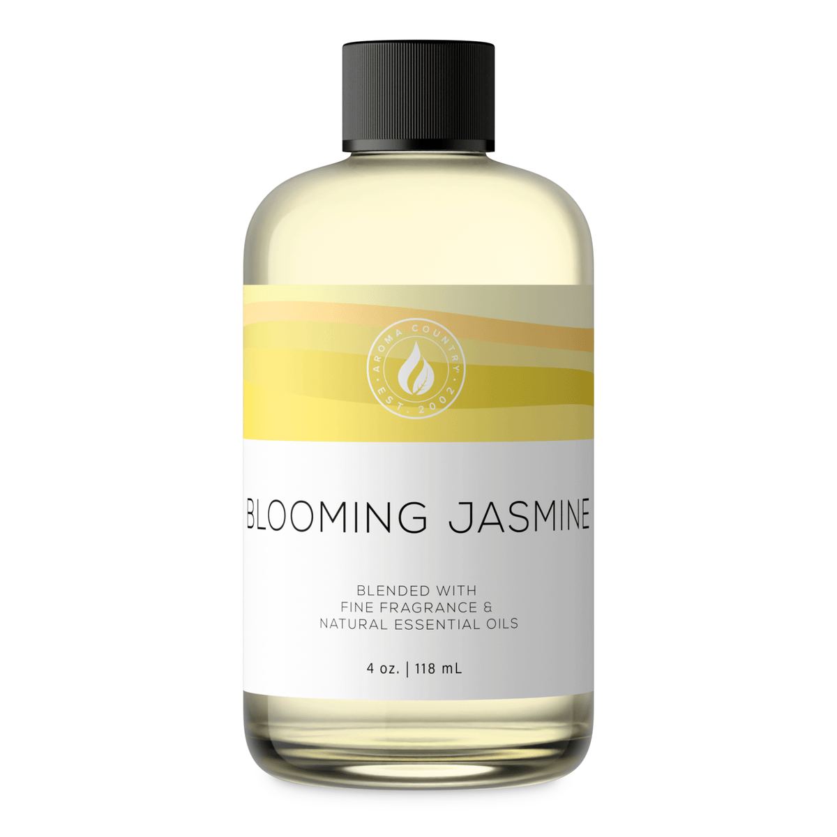 Aroma Country Blooming Jasmine diffuser oil, 4 oz (118 mL) bottle with a black cap on a white background
