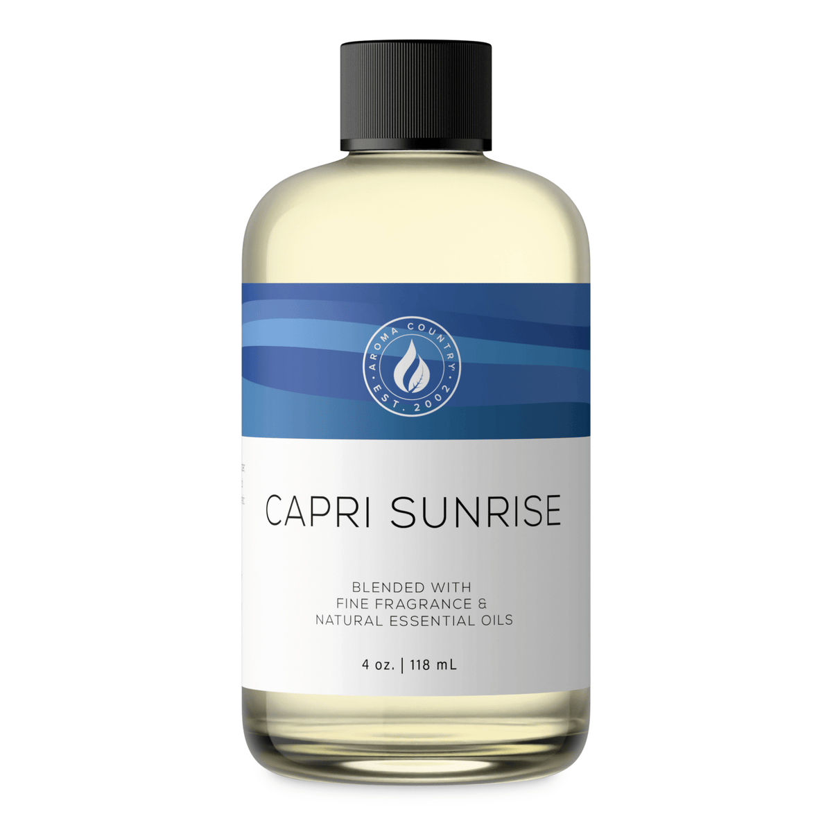 Aroma Country Capri Sunrise diffuser oil, 4 oz (118 mL) bottle with a black cap on a white background