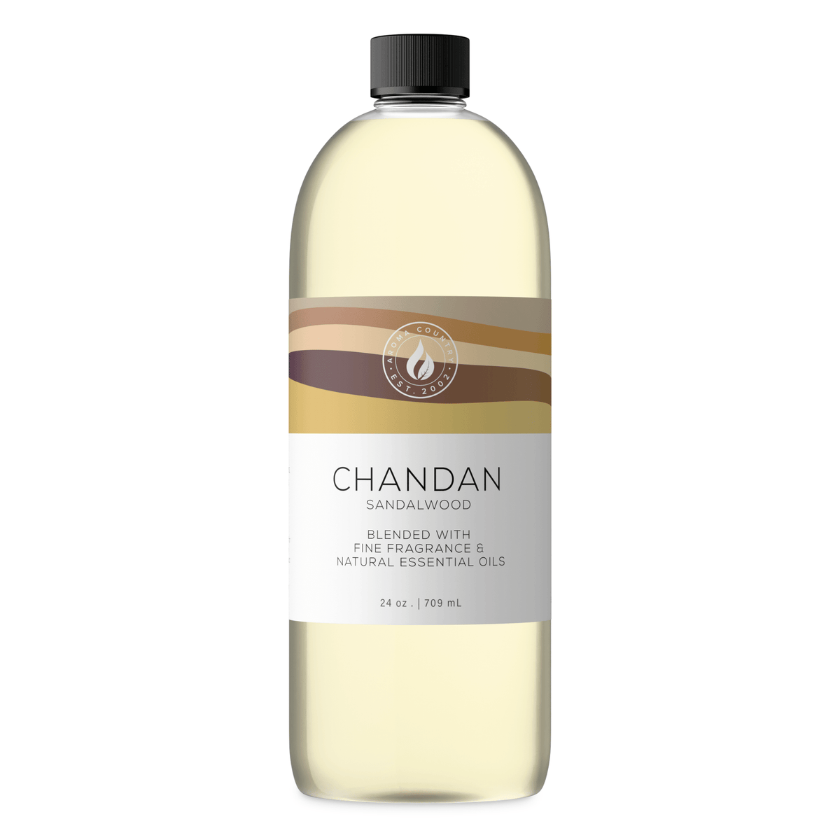 Aroma Country Chandan Sandalwood diffuser oil, 24 oz (709 mL) bottle with a black cap on a white background