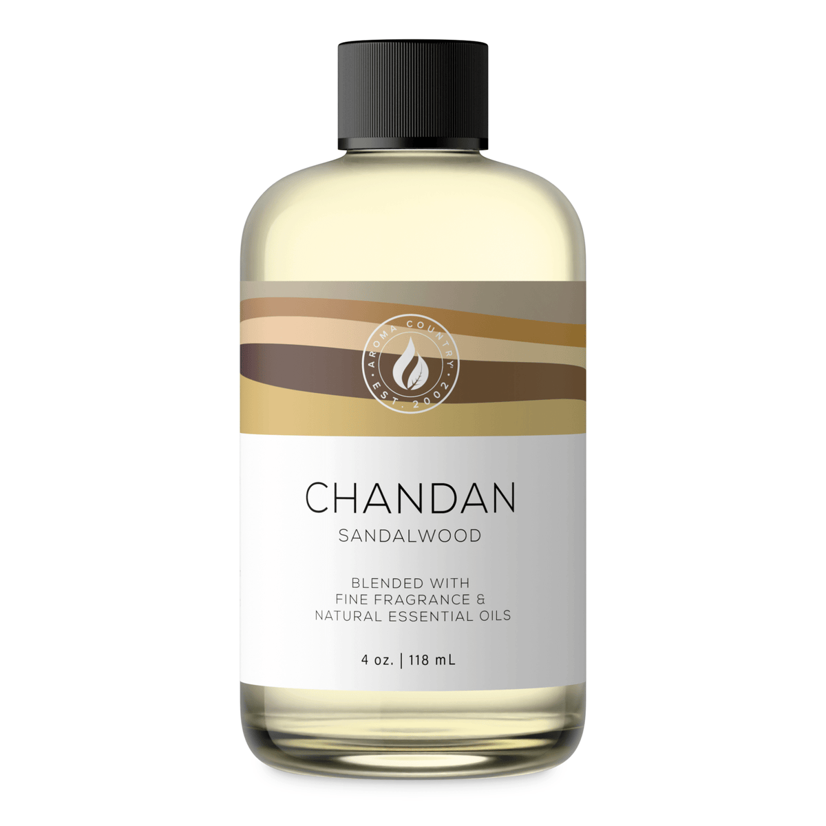 Aroma Country Chandan Sandalwood diffuser oil, 4 oz (118 mL) bottle with a black cap on a white background