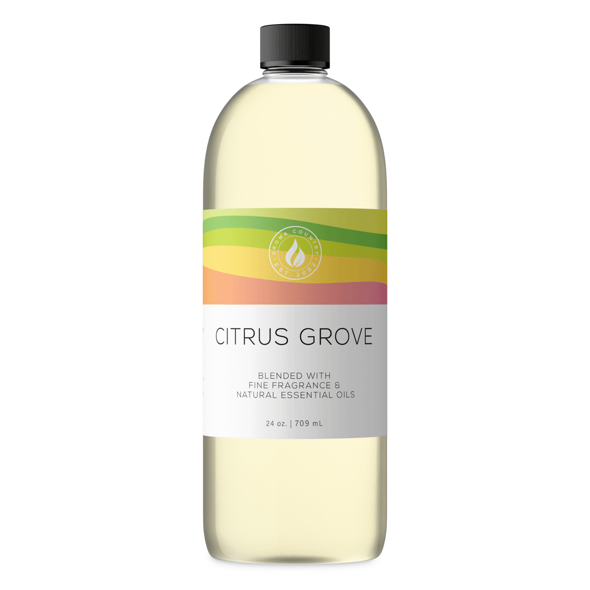 Aroma Country Citrus Grove diffuser oil, 24 oz (709 mL) bottle with a black cap on a white background