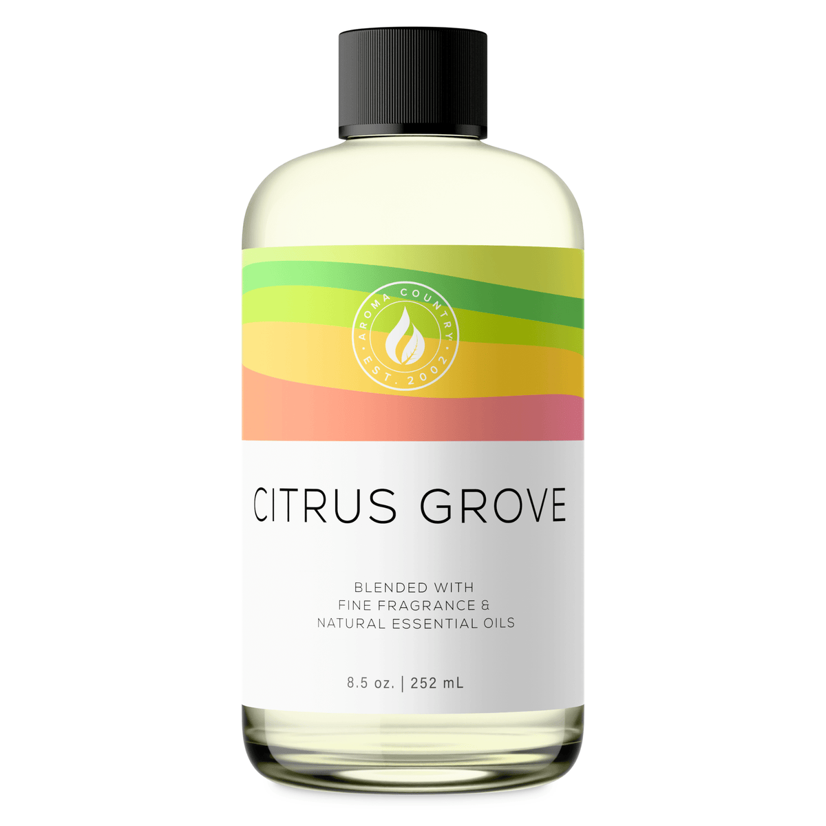 Aroma Country Citrus Grove diffuser oil, 8.5 oz (252 mL) bottle with a black cap on a white background