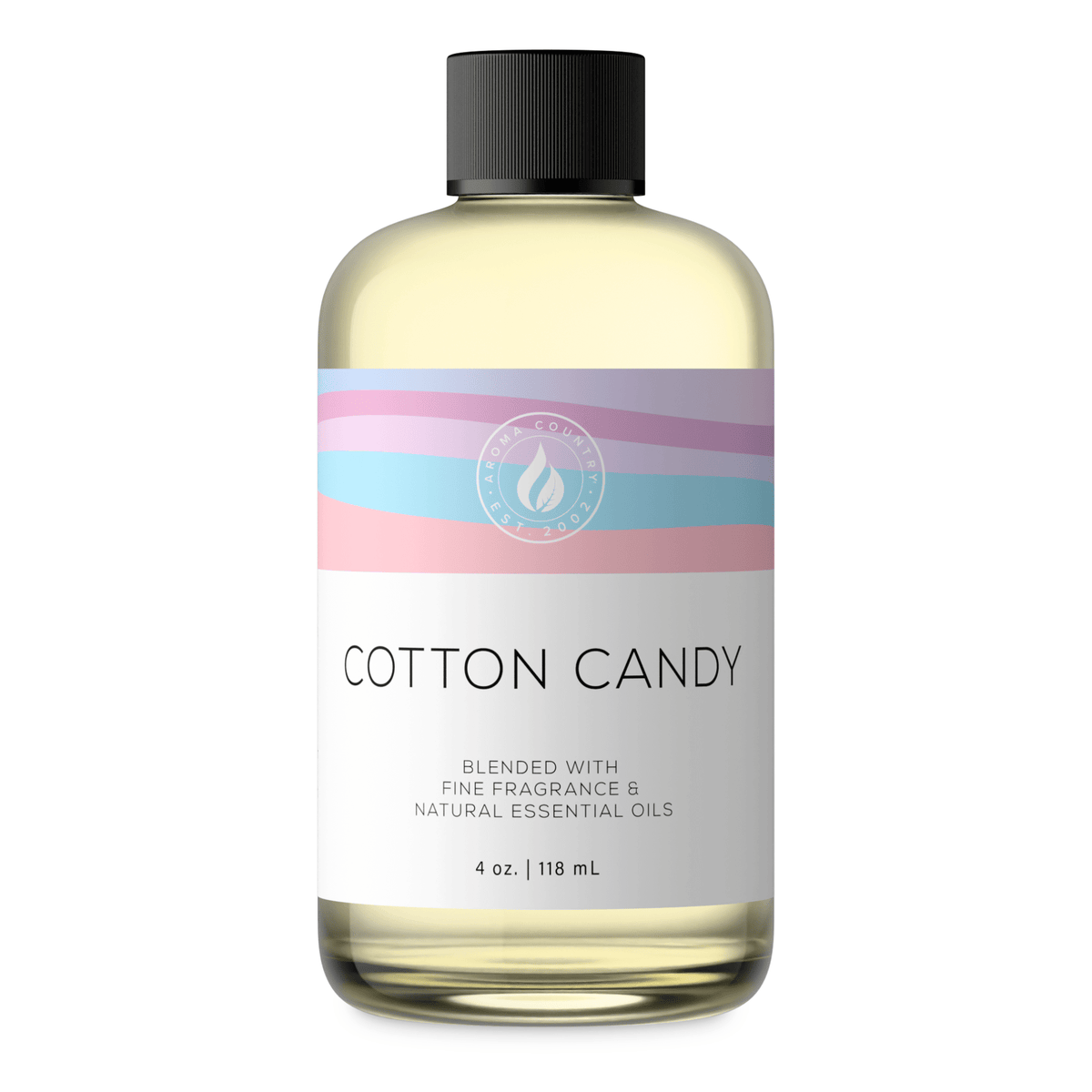 Aroma Country Cotton Candy diffuser oil, 4 oz (118 mL) bottle with a black cap on a white background